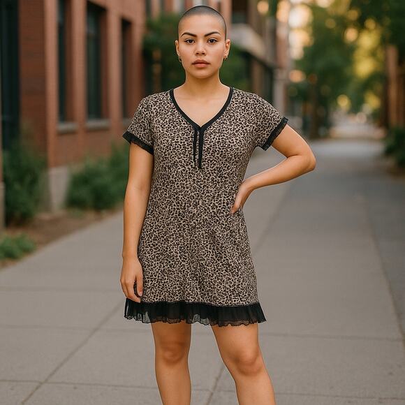 Leopard Print Lace Trim Mini Dress Sz L Sexy Slip Style Y2K Party Clubwear - Picture 1 of 8